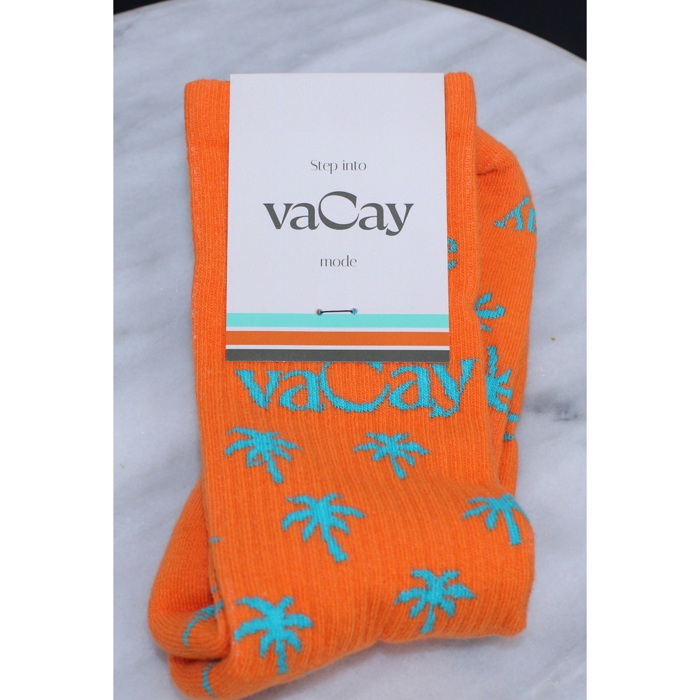 Vacay Mode Orange Teal Palm Tree Combed Cotton Crew Socks Cayman Islands NEW